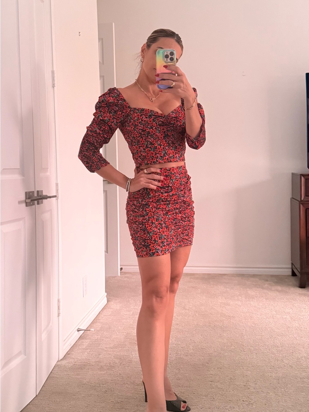 Zara Red Floral Ruched Two-Piece Mini Set
